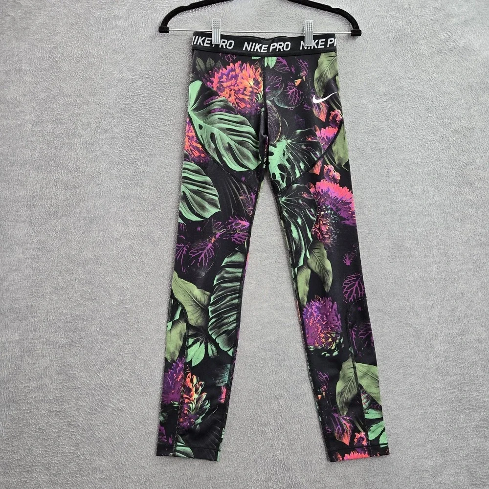 Nike‎ Girls Activewear Pants L Black Floral Dri-Fit Logo 26
